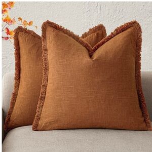 Foindtower Linen Cotton Fringe Throw Pillow Covers Set Of 2 Brown/Burnt Orange